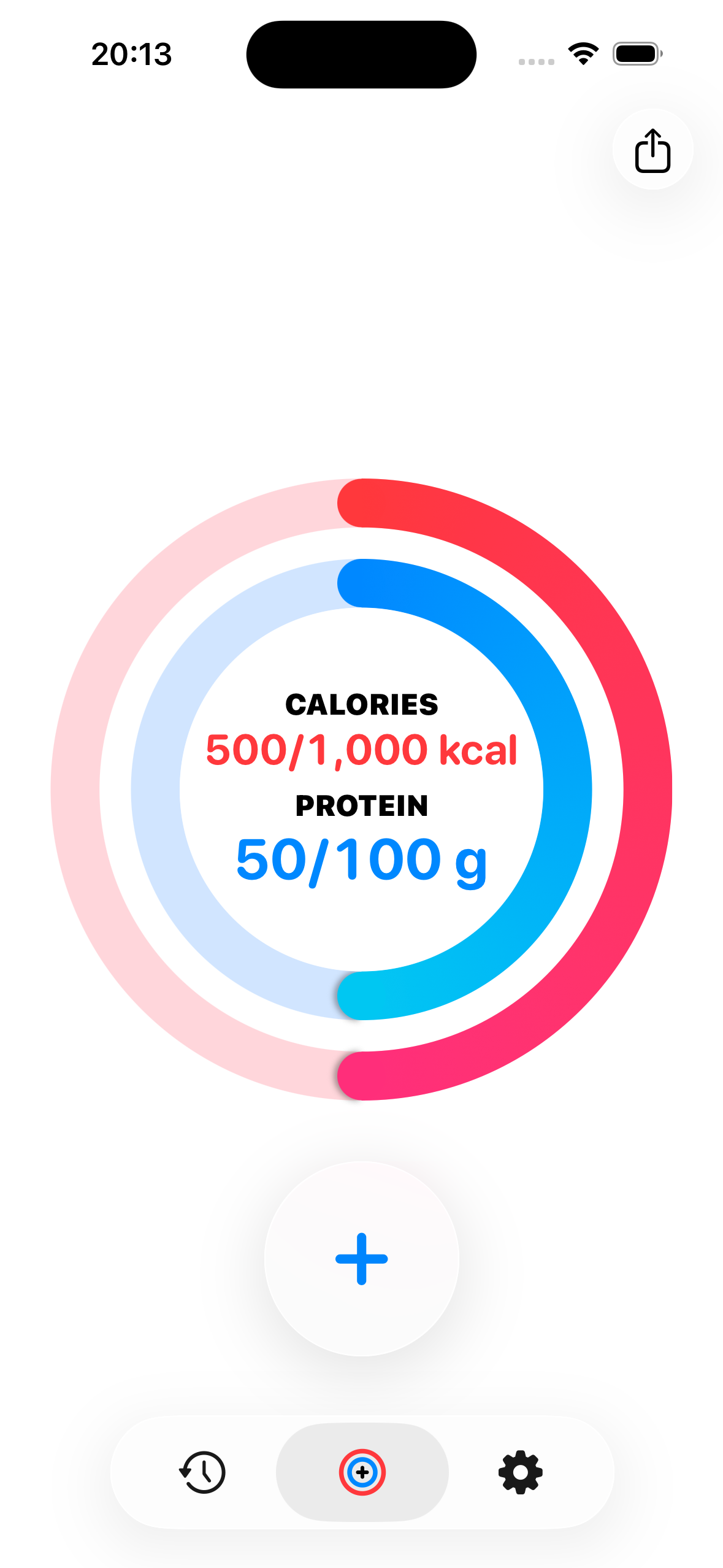ProteinMate Today dashboard with calorie and protein progress rings, an add button, and bottom navigation.