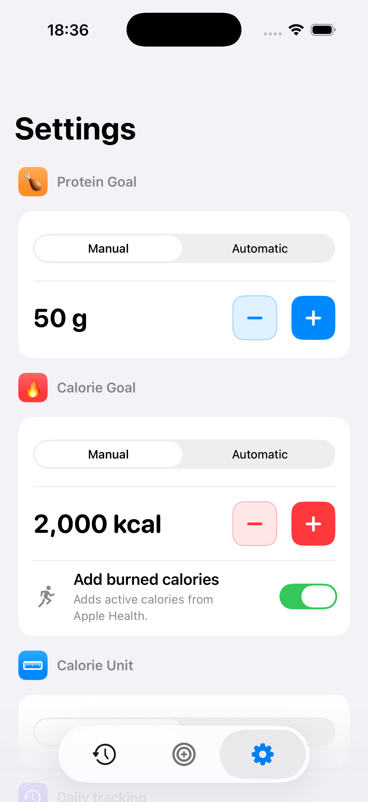 ProteinMate Settings screen with active protein and calorie goal controls.