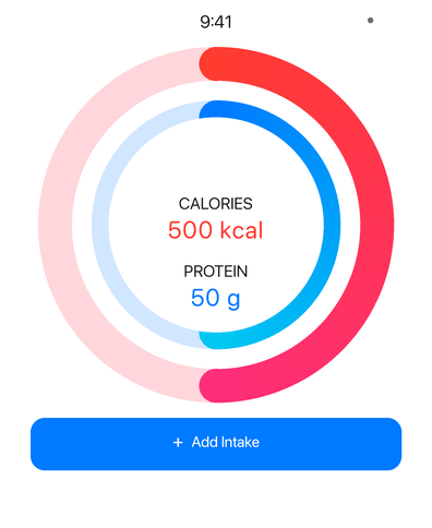 ProteinMate Apple Watch Today screen showing calorie and protein rings, current values, and an Add Intake button.